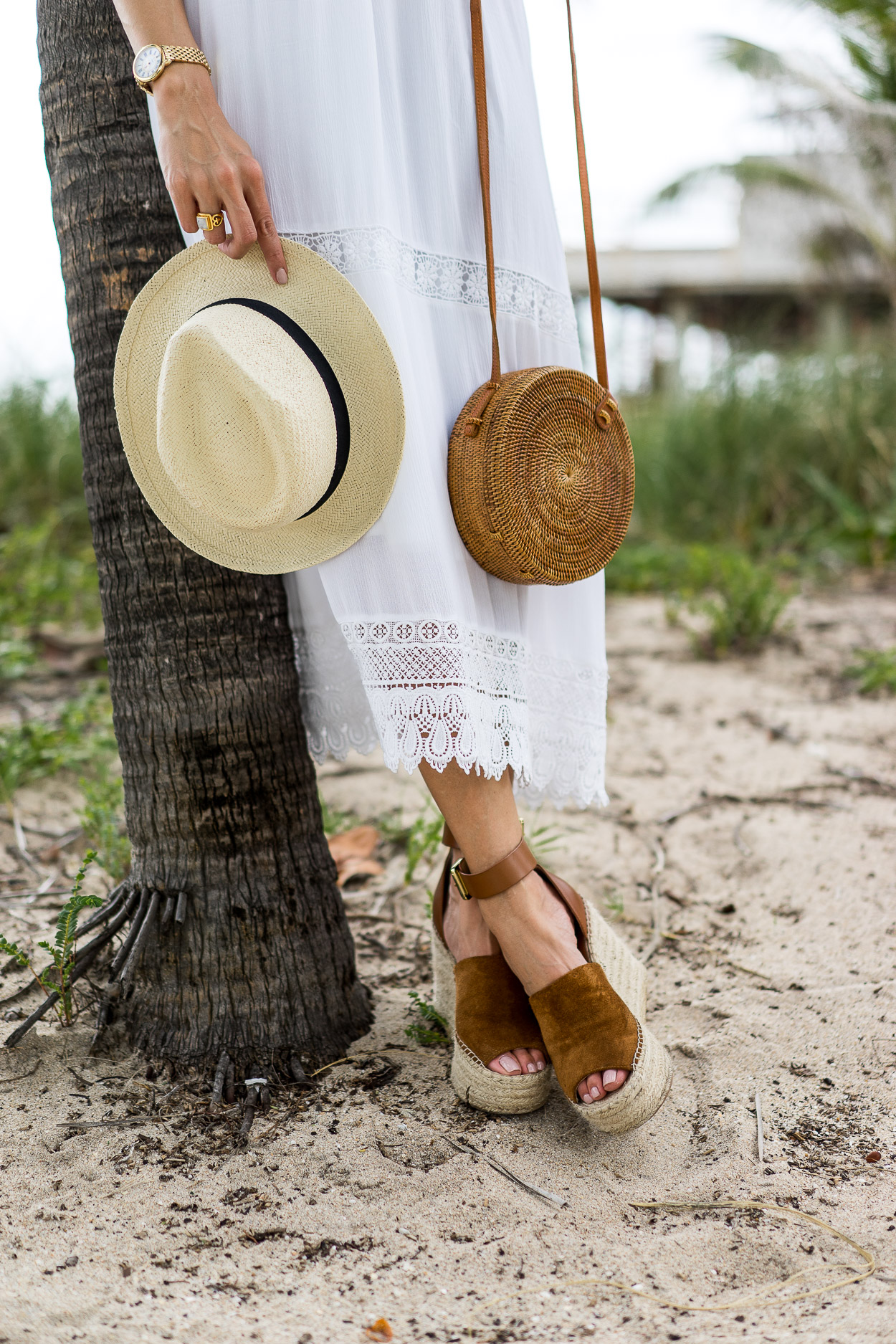 Easy summer style includes key pieces from Old Navy like this white crochet maxi dress and round basket bag with suede Marc Fisher espadrilles as worn by Amanda of Best Luxury Designers Handbags blog