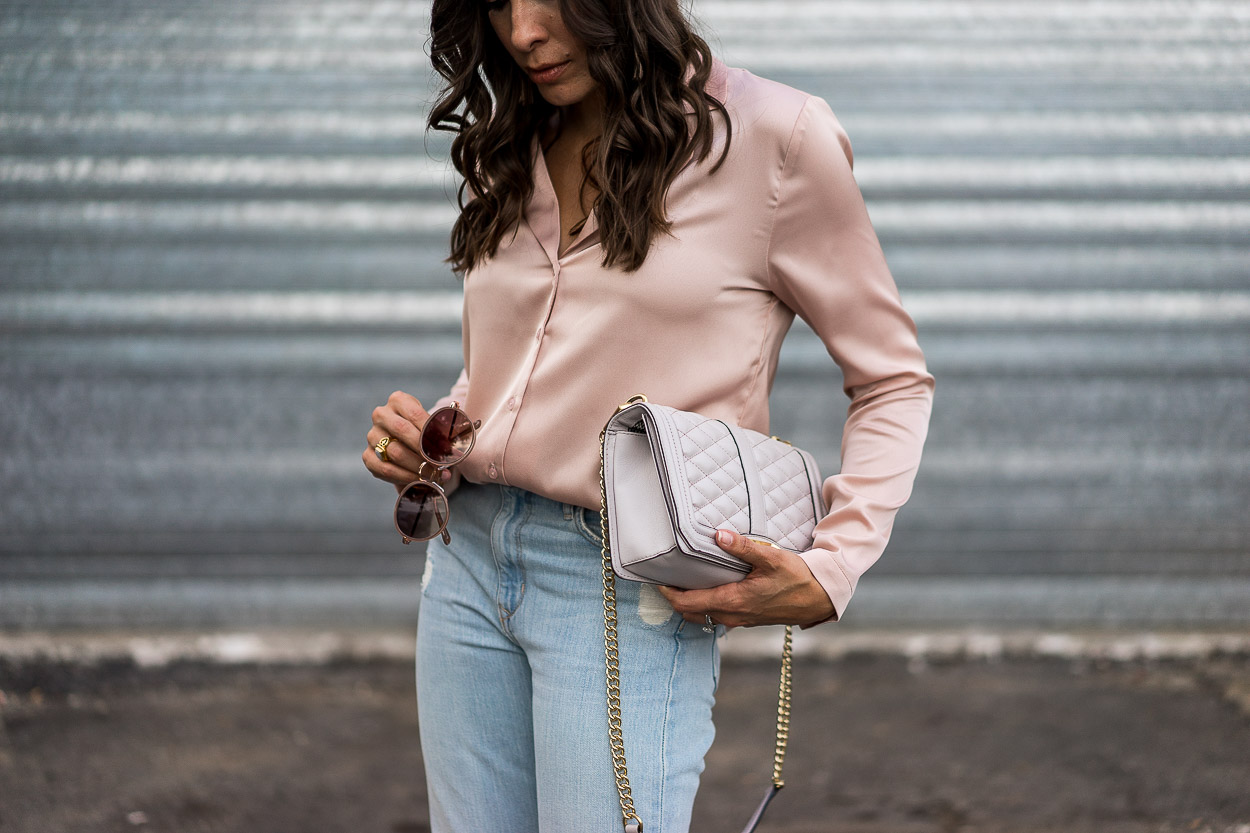 Learn to style the pajama top trend by fashion blogger Amanda of Best Luxury Designers Handbags in distressed Lovers + Friends denim and Louise Et Cie patent loafers