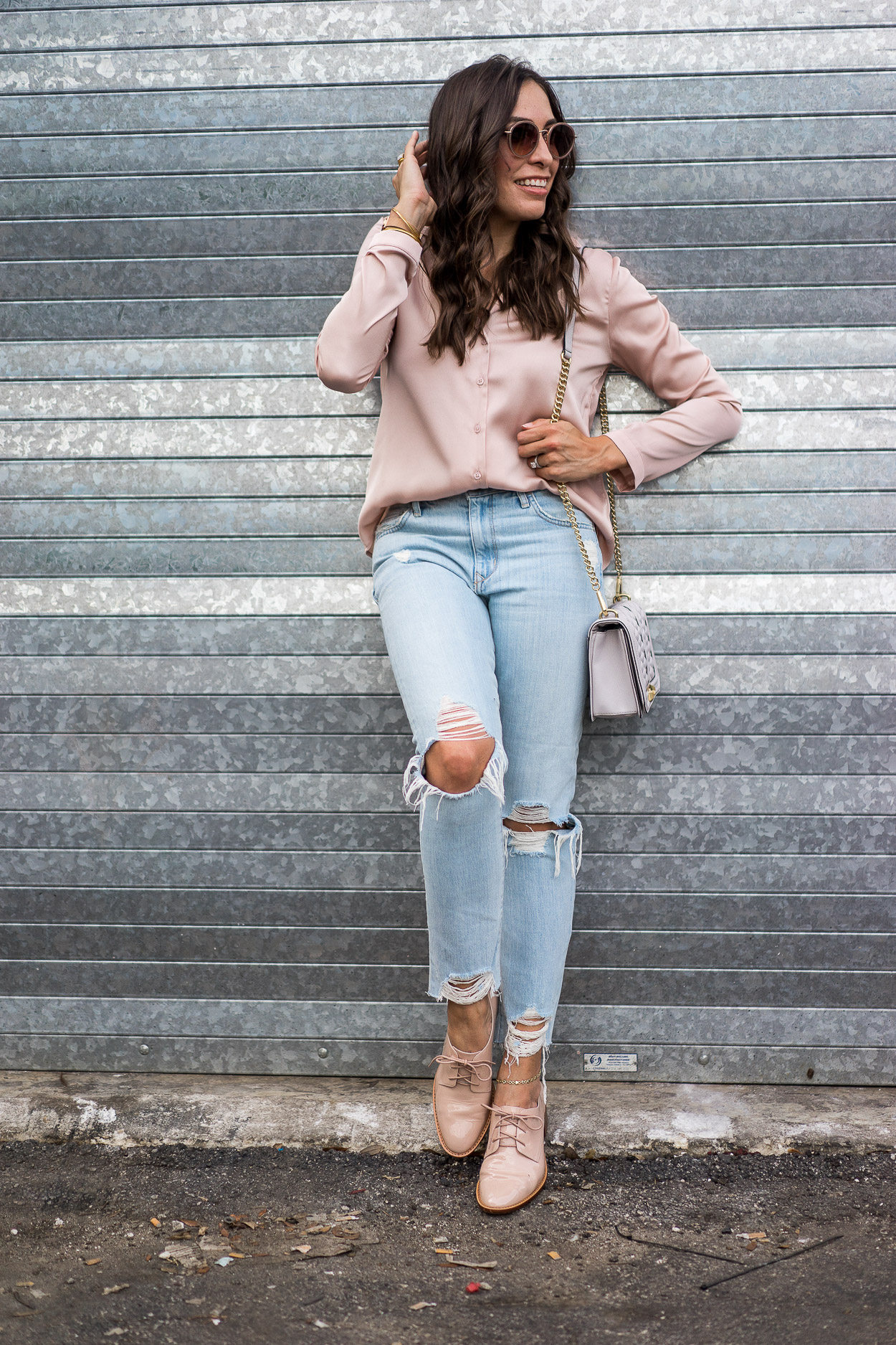 Satin pajama top by Wayf is styled by Amanda of Best Luxury Designers Handbags blog with Louise Et Cie oxfords and disressed Lovers + Friends denim for easy Summer style