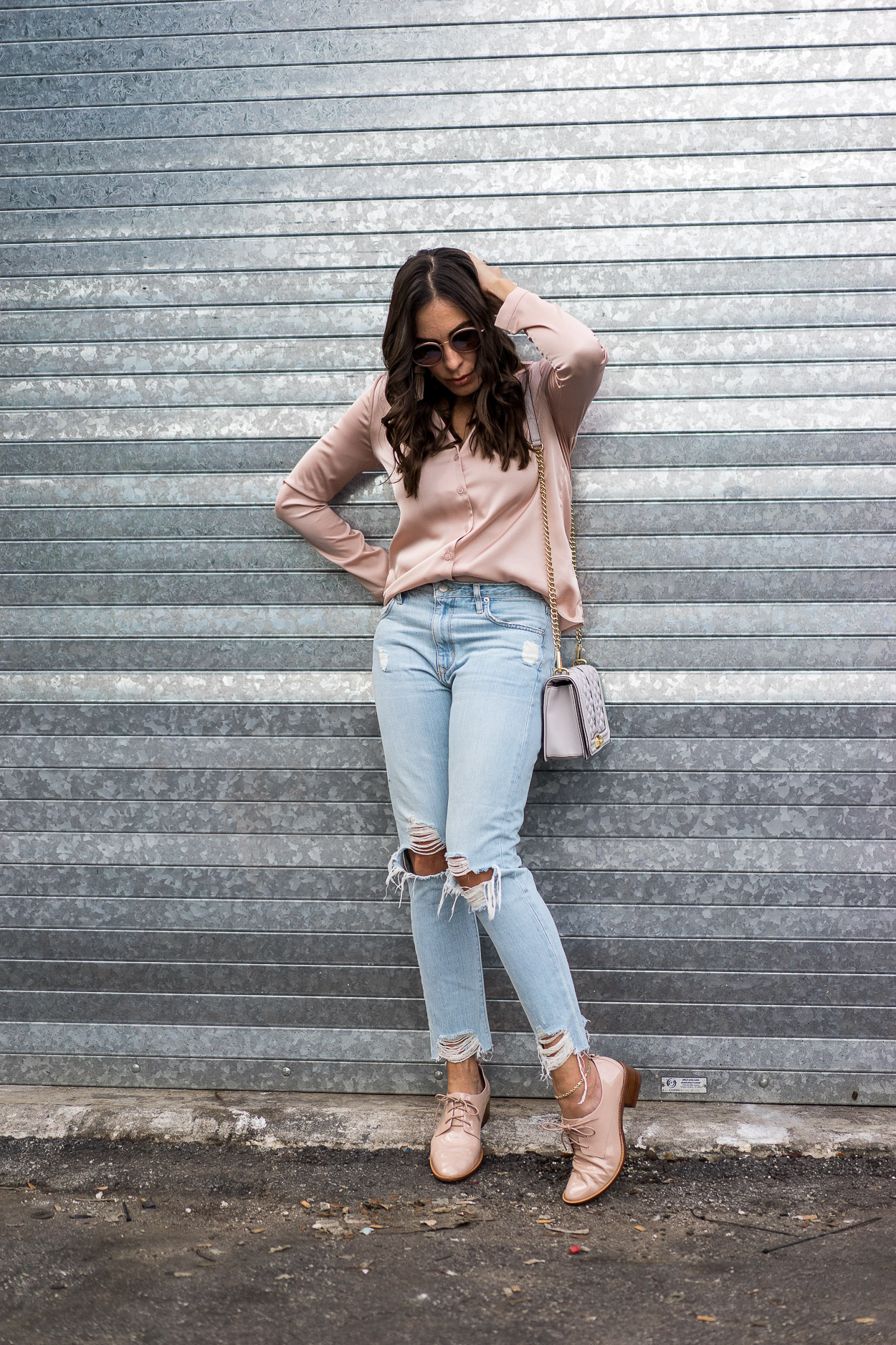 How to wear the pajama top trend - broken down and styled with Lovers + Friends distressed denim and Louise Et Cie oxfords from the Nordstrom Anniversary sale by blogger Best Luxury Designers Handbags