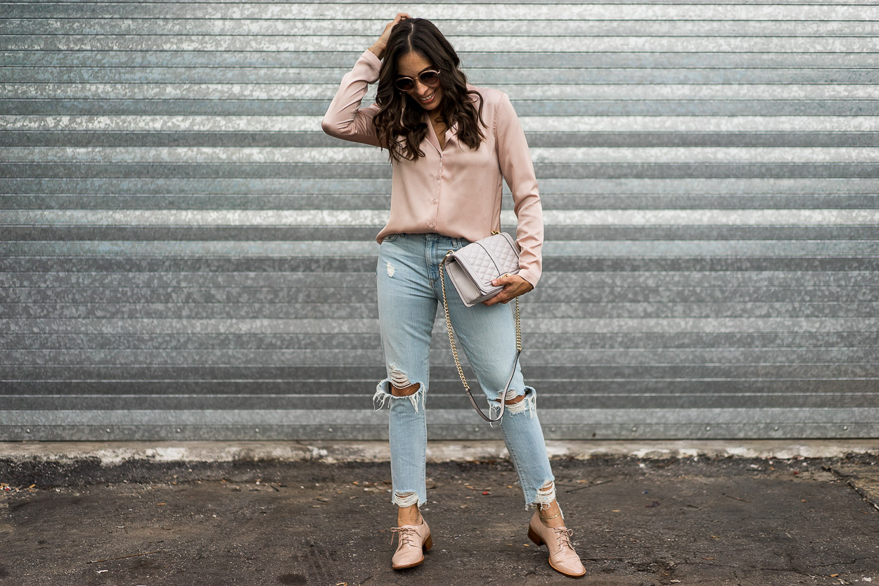 Want to know how to wear the pajama top trend? Blogger Amanda of Best Luxury Designers Handbags styles a Wayf blush pajama top in this post.