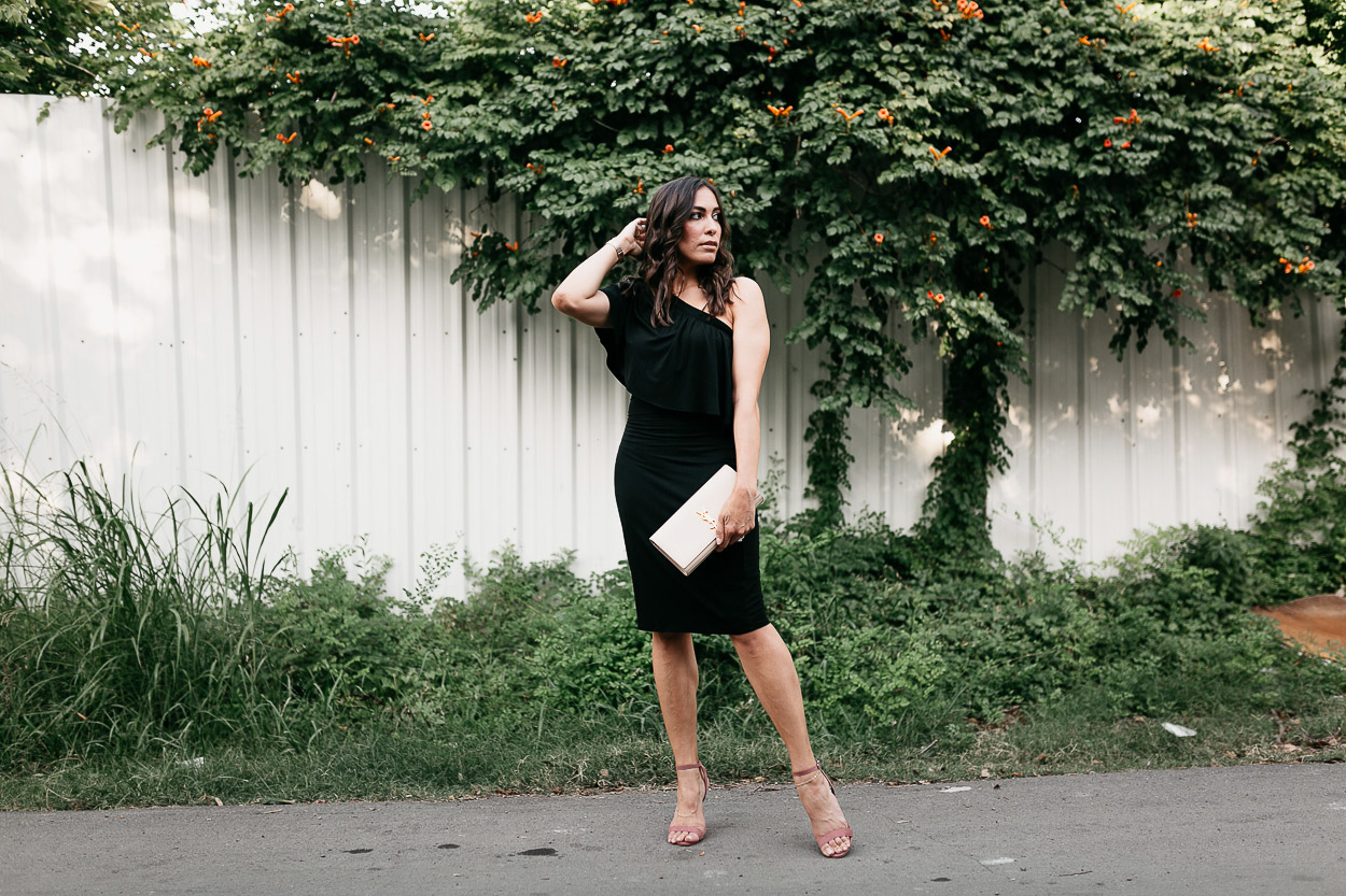 Date night is complete with this Three Dots black ruffle dress styled by Best Luxury Designers Handbags blogger Amanda with YSL monogram clutch and Steve Madden mauve sandals
