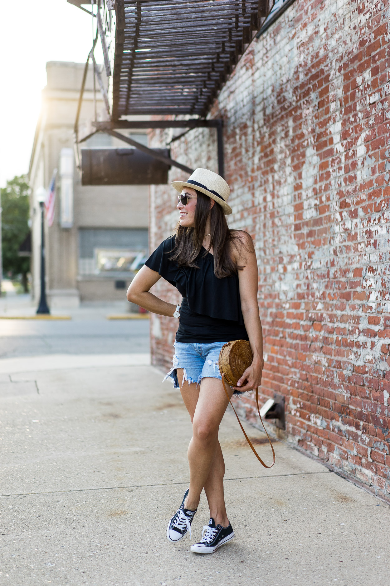 Blogger Best Luxury Designers Handbags wears Three Dots one shoulder top for easy Summer style with Rag and Bone shorts and Old Navy Utility jacket and fedora