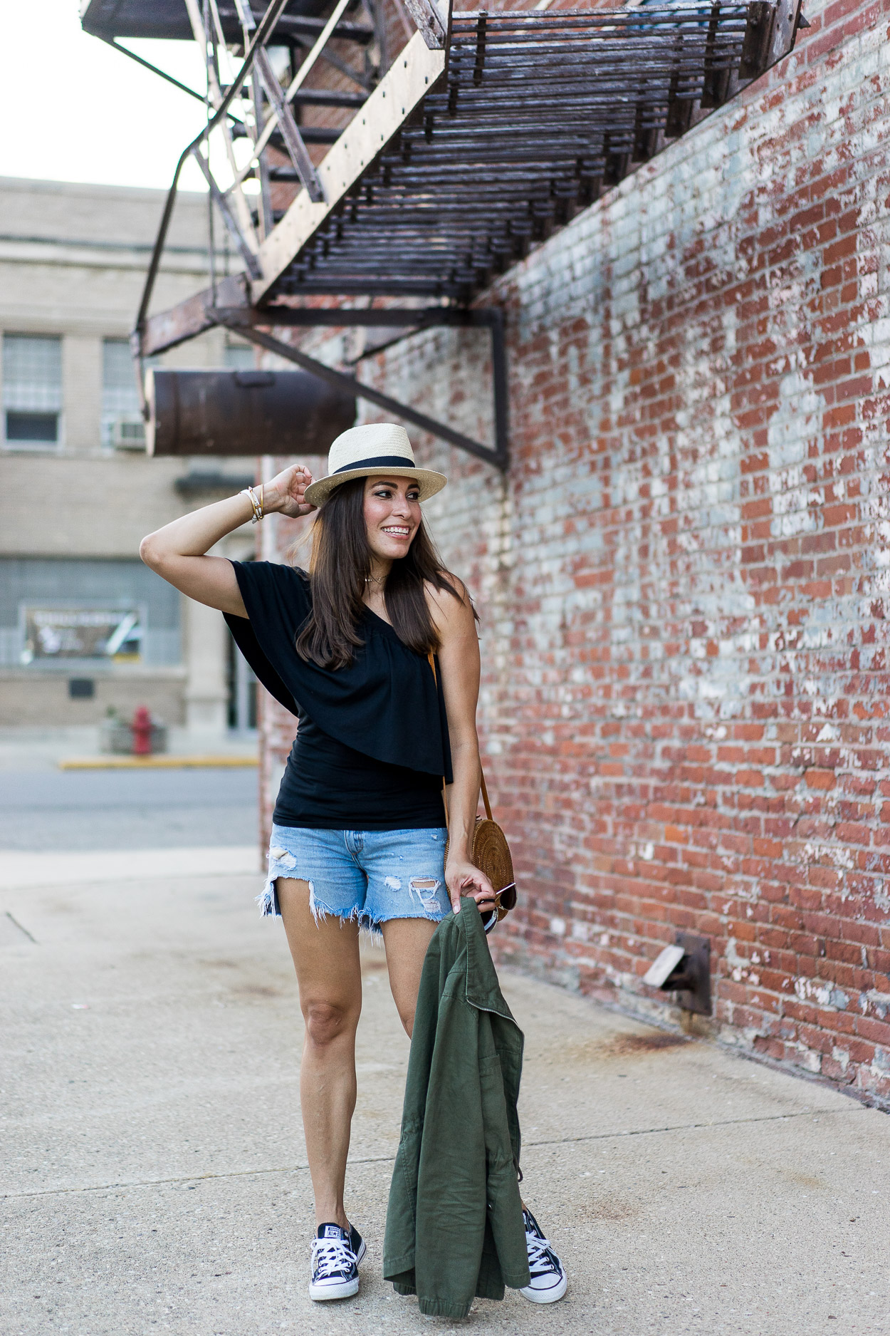 Three Dots one shoulder top is styled with Rag and Bone shorts and Old Navy utility jacket by fashion blogger Amanda of Best Luxury Designers Handbags