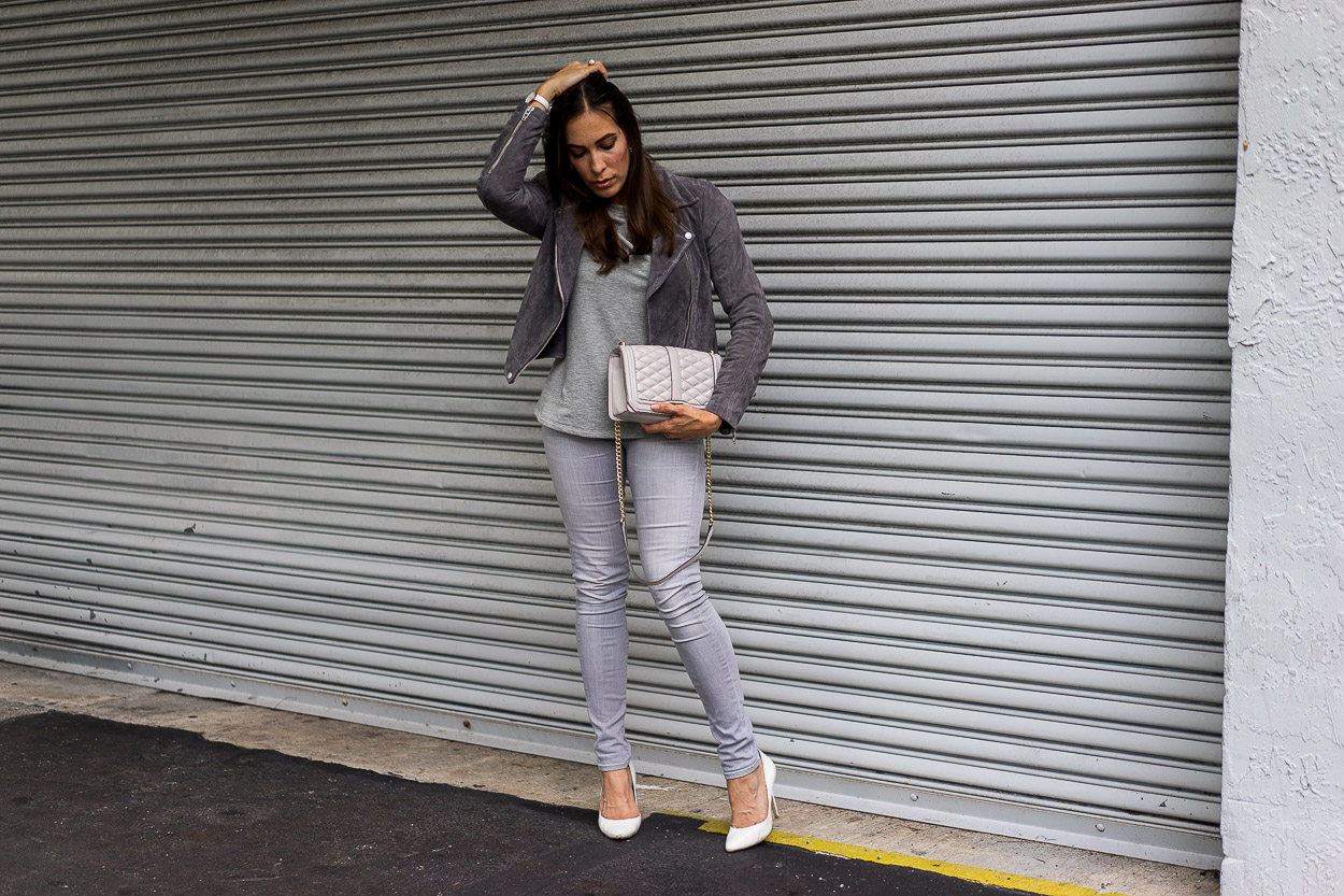 Chic Fall look includes a cozy grey sweater and Blank NYC suede jacket styled by fashion blogger Amanda of Best Luxury Designers Handbags