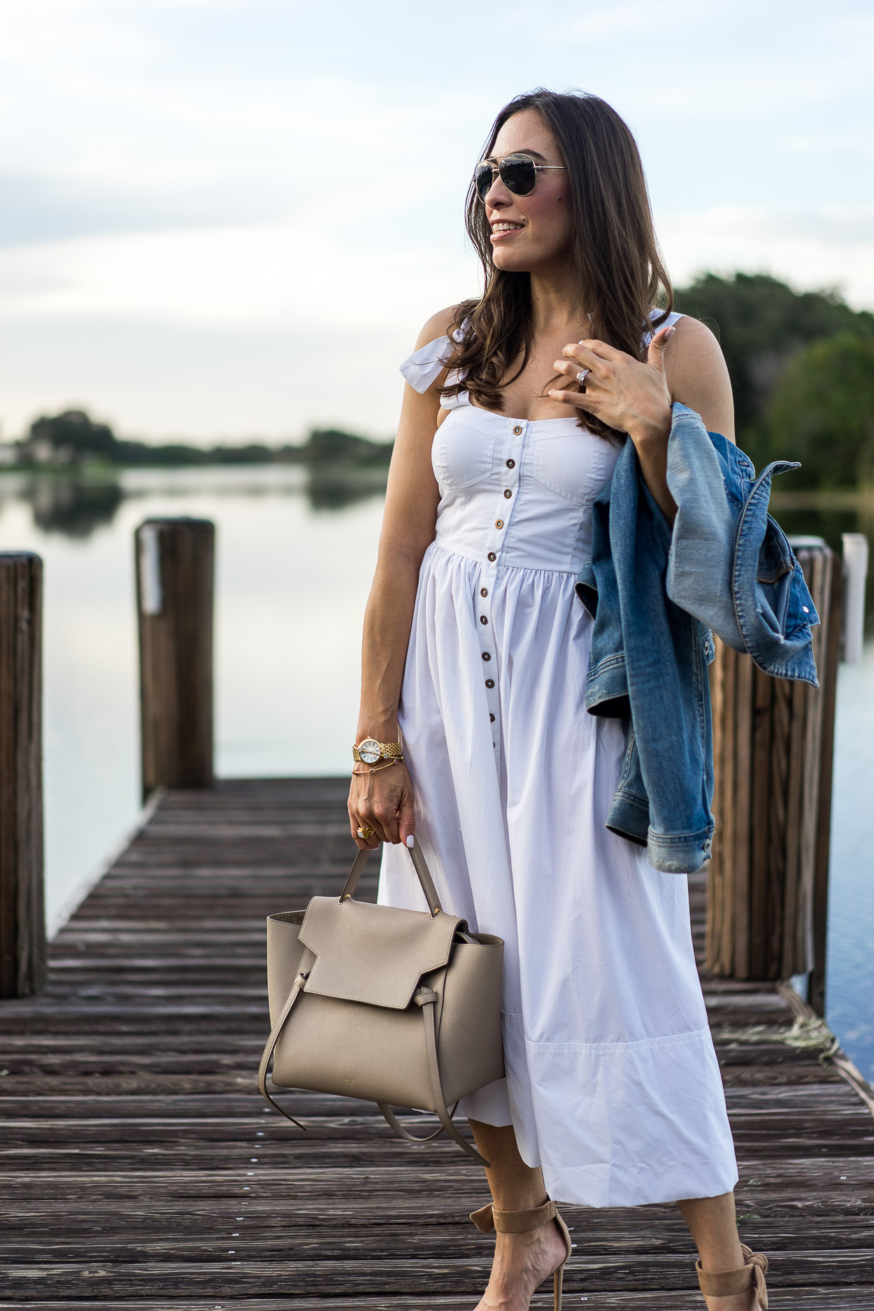 Best Luxury Designers Handbags blogger Amanda with Celine belt Best Luxury Designers Handbags blogger Amanda: wearing Classic summer white dresses from Chicwish, bag and AG Jeans denim jacket