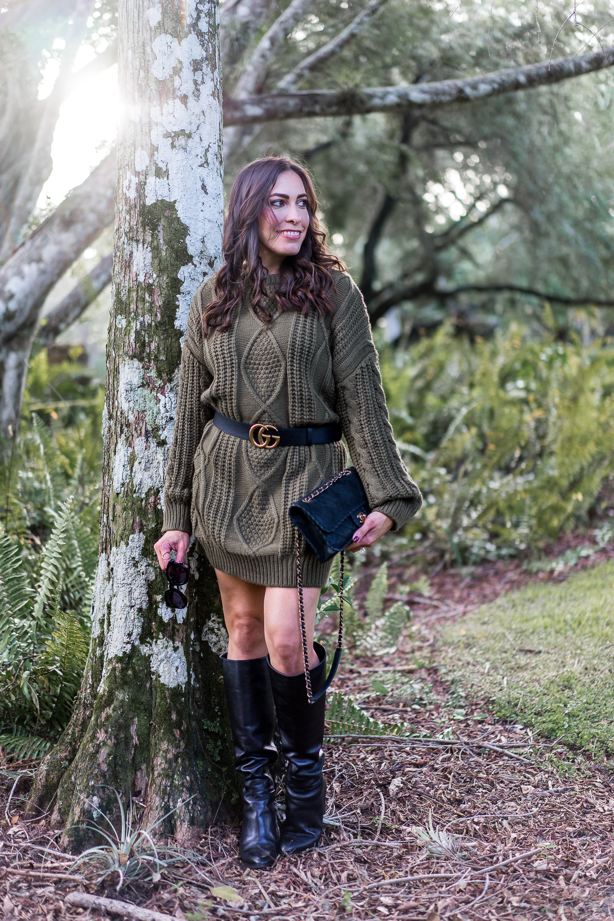 Army green Chicwish sweater dress is styled by Amanda of Best Luxury Designers Handbags blog with her Gucci Double G belt, Chanel black bag and M Gemi boots