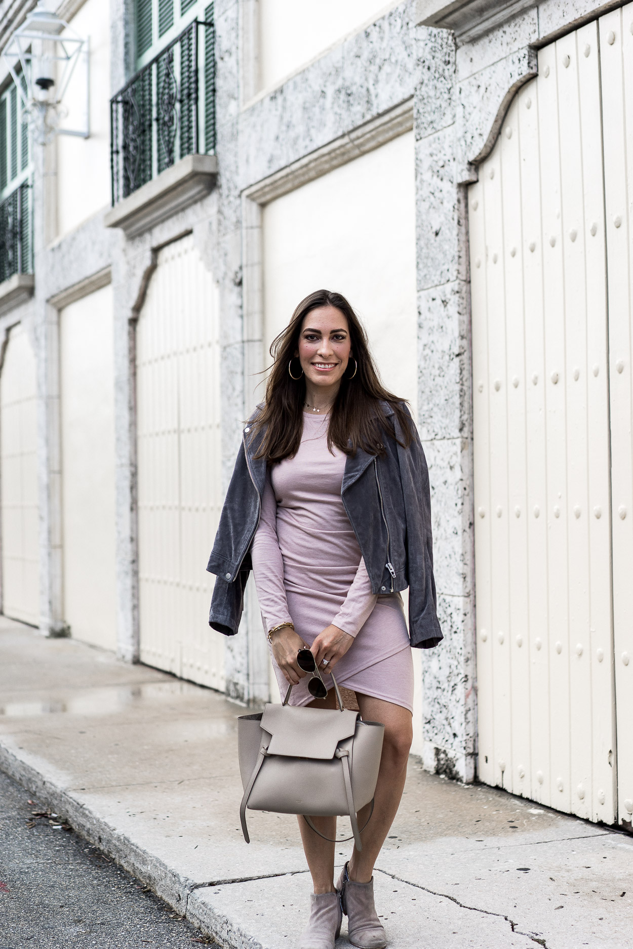 Neutral basics include a blush Leith dress and grey suede BlankNYC jacket as worn by Best Luxury Designers Handbags blogger Amanda