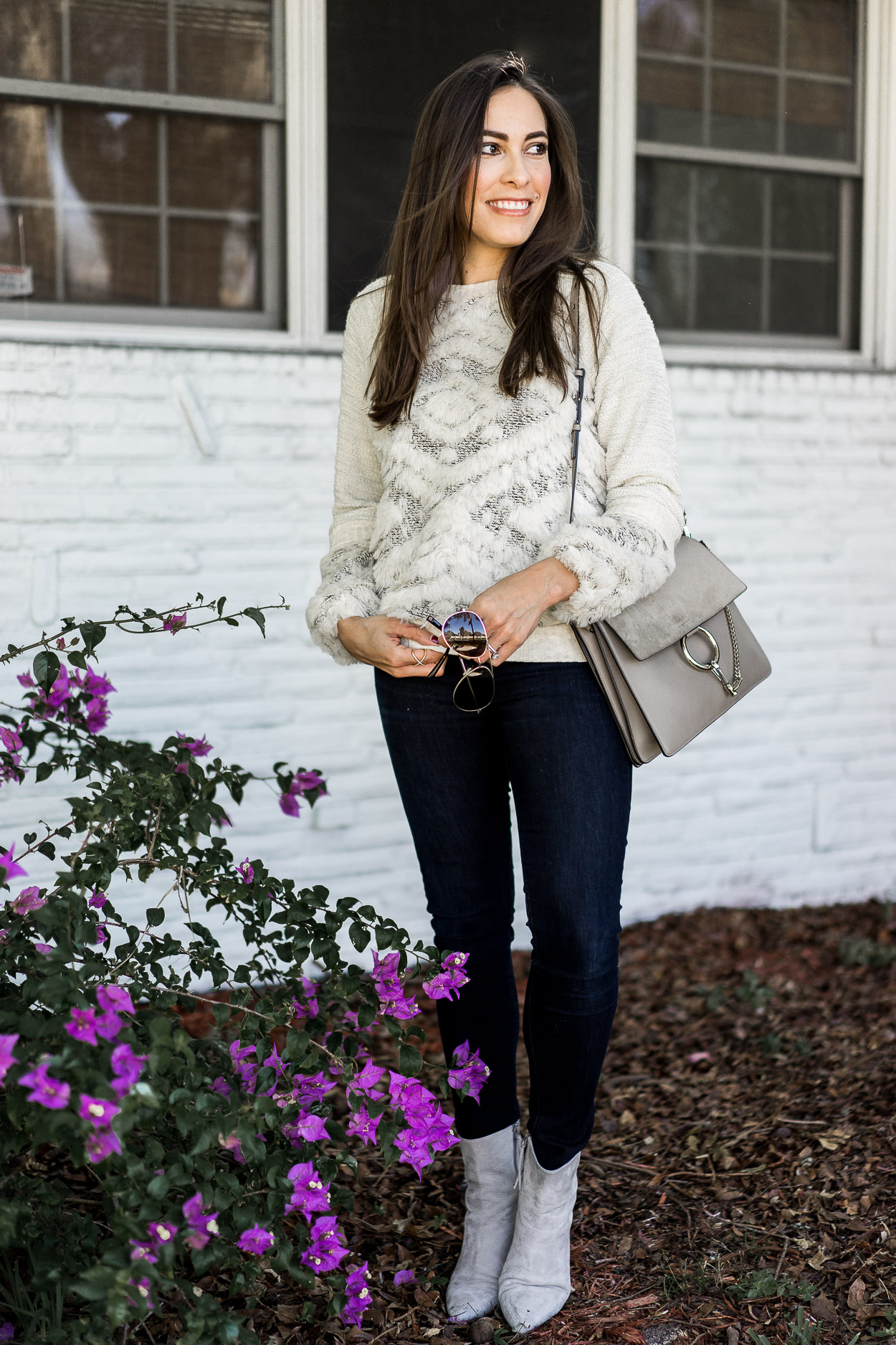 Easy way to style cozy sweaters with dark denim and Chloe Faye bag a la fashion blogger Amanda of Best Luxury Designers Handbags