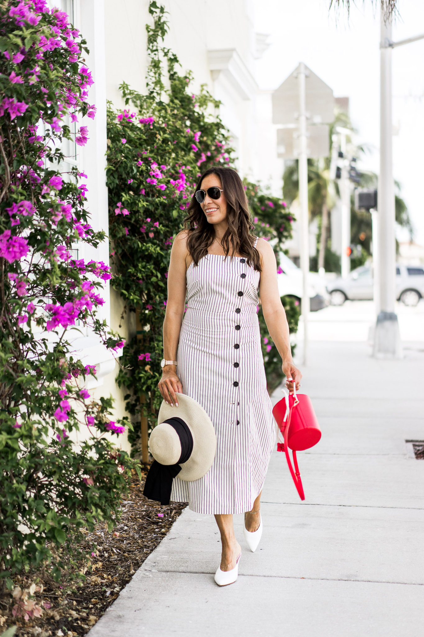 striped sleeveless button down midi dress 